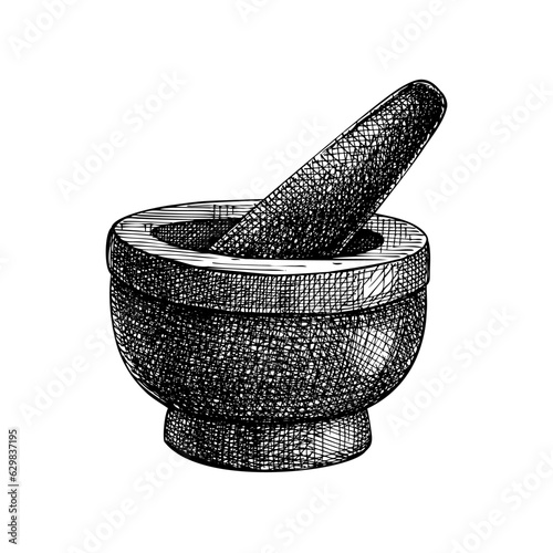 Mortar and pestle sketch. Vintage design element for herbal medicine, Halloween, witchcraft, magic, alchemy. Hand drawn kitchen vector illustration. Retro style.