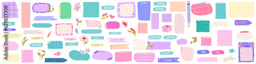 Sticker Planner various paper memo notes. Cute bright sticker note with tape for to-do list, planner. Hand drawn cute collection badge. Frame for text and reminder. Flat vector illustration