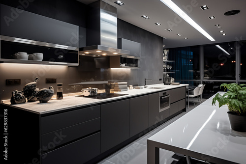 Interior modern kitchen in black and white theme design. Generative ai.