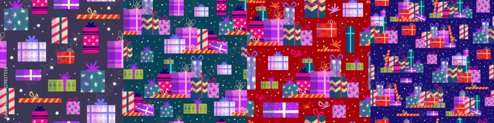 Christmas gift stack seamless pattern set. Present box for holiday. Bright seamless pattern for present paper. Cartoon vector illustration. Christmas box.