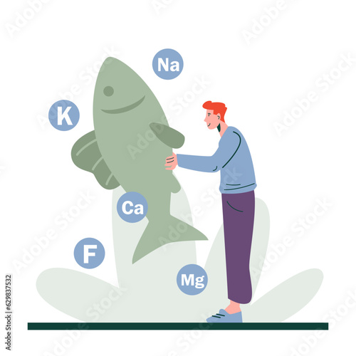 Male holding big fish and thinking about vitamins. Concept of healthy living and eating healthy food with vitamins. Flat vector illustration in cartoon style