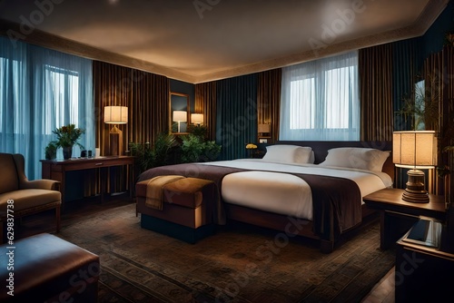 Hotel room interior. Modern hotel. Seaside resort. Sea view. Bedroom interior. Cozy bedroom. Big double bed. Bedroom furniture. © Creative artist1