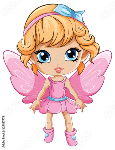 Fairy Girl with Wings Cartoon Character in a Pink Dress