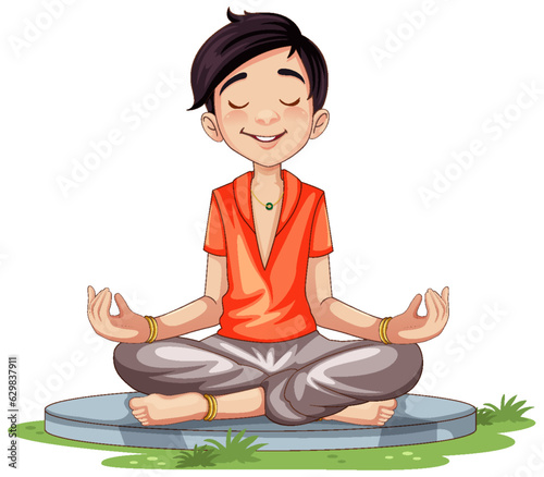 Asian man cartoon practice meditation