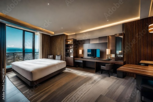 Hotel room interior. Modern hotel. Seaside resort. Sea view. Bedroom interior. Cozy bedroom. Big double bed. Bedroom furniture.