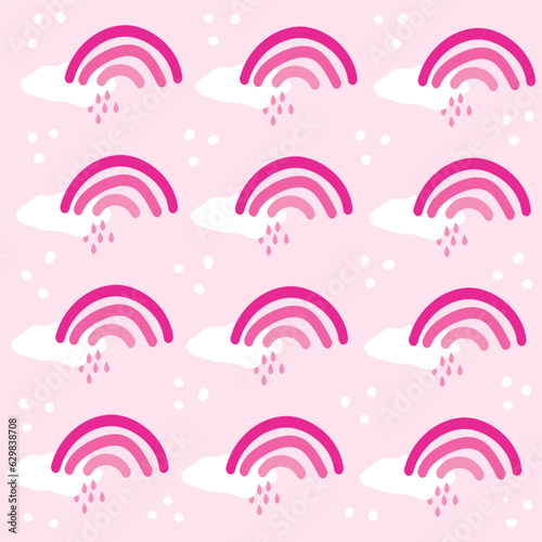 Delicate pastel background with a pink rainbow and a white cloud. Cute baby pattern
