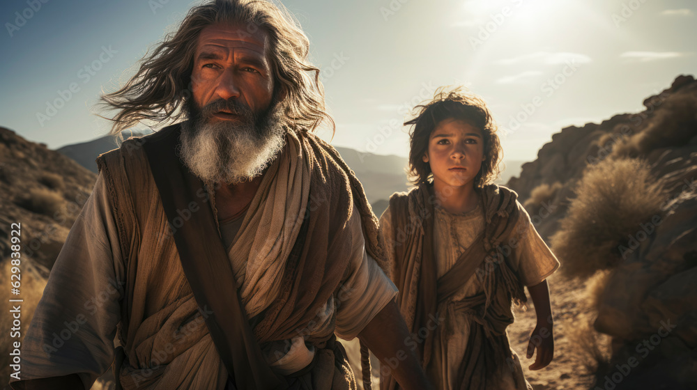 Portrait of Abraham hiking up a mountain with his son Isaac.