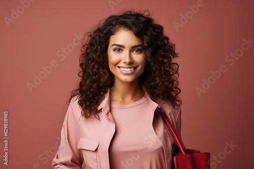 beautiful attractive smiling woman in pink shirt holding shopping bags posing on pink background isolated photo