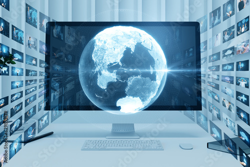 Close up of computer monitor with creative glowing polygonal globe with rows of images on blurry background. Connecting businesspeople, video conference concept.