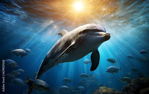 Dolphin swimming in the sea with sun shining through water