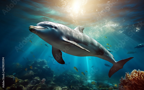 Dolphin swimming in the sea with sun shining through water