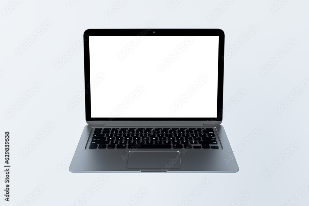 Blank laptop screen on light background. Technology, mock up place and webinar advertisement concept. 3D Rendering. Blank laptop screen on light background. Technology, mock up place and webinar advertisement concept. 3D Rendering.