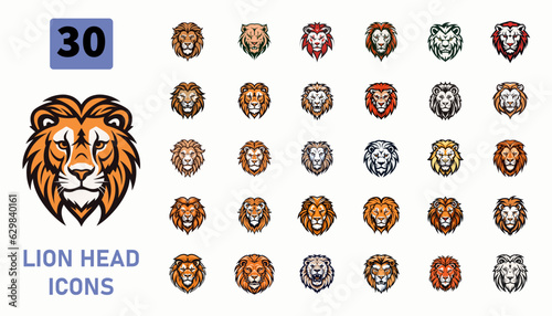 Big collection of 30 lion head vector set for logo or icon design isolated on white background