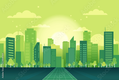 Green City. Eco Friendly, ecology and alternative renewable energy. ESG as environmental, social and governance concept. Vector illustration.