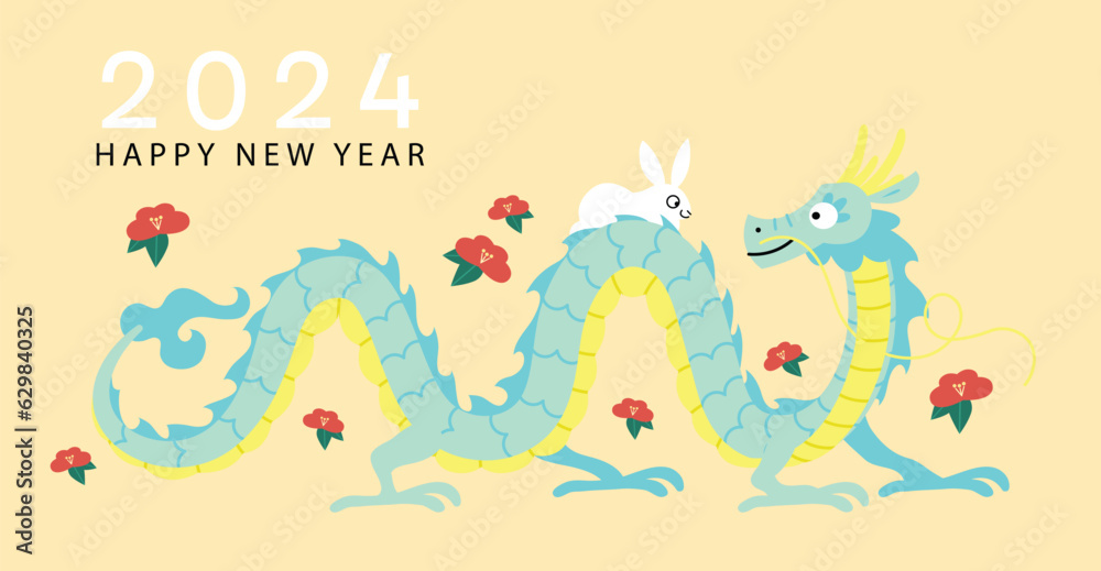 Naklejka premium Cute cartoon year of the dragon card flat design zodiac animals. Zodiac rabbit on the back of zodiac dragon.