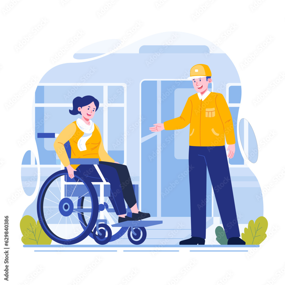 Officer helping disabled woman in wheelchairs Officer helping disabled woman in wheelchairs