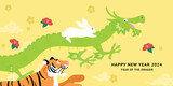 Cute cartoon zodiac animals card for year of the dragon. Zodiac dragon, rabbit and dragon, lunar new year 2024.