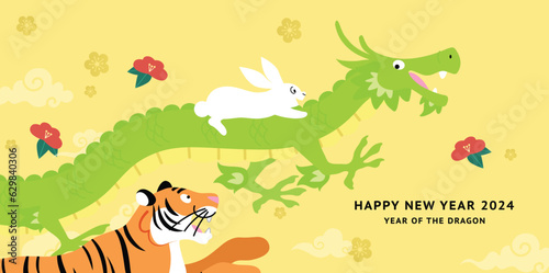 Cute cartoon zodiac animals card for year of the dragon. Zodiac dragon  rabbit and dragon  lunar new year 2024.