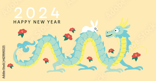 Cute cartoon year of the dragon card flat design zodiac animals. Zodiac rabbit on the back of zodiac dragon.
