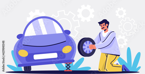 Professional man standing near raised car and fix wheel. Help to client fix car problem. Automobile repair service concept. Flat vector illustration in cartoon style in blue and yellow colors