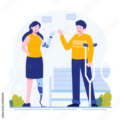 Disabled man and woman talking to each other