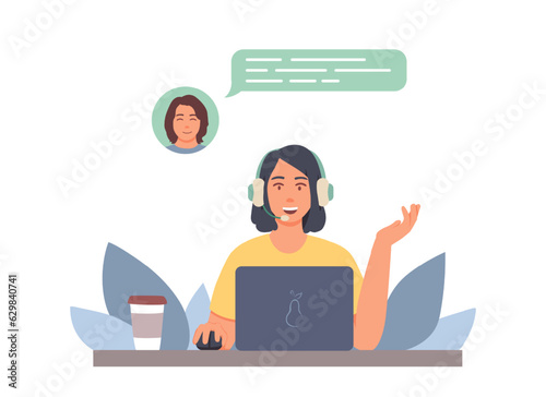 Female in headphones consulting female in office. Online consultations. Work of call center operators and consultants. Technical global support. Flat vector illustration