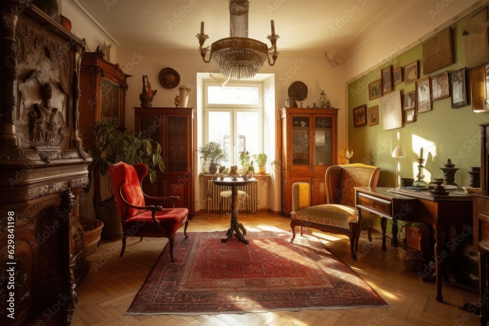 Living room full of antique furnitre, house interior design, Generative AI