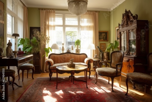 Living room full of antique furnitre, house interior design, Generative AI