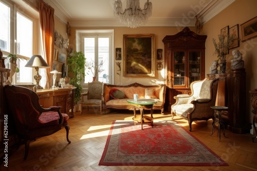 Living room full of antique furnitre, house interior design, Generative AI