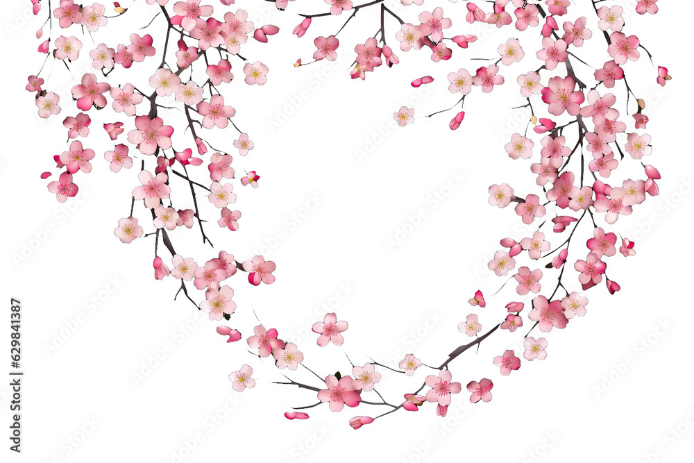 A delicate sakura frame adorned with vibrant spring flowers; enchanting falling petals create a dreamlike spectacle. Ai Generative