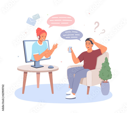 Man asking virtual helper for help, female consulting client. Hotline operators, technical global support. Consultation and help for customers. Flat vector illustration in cartoon style