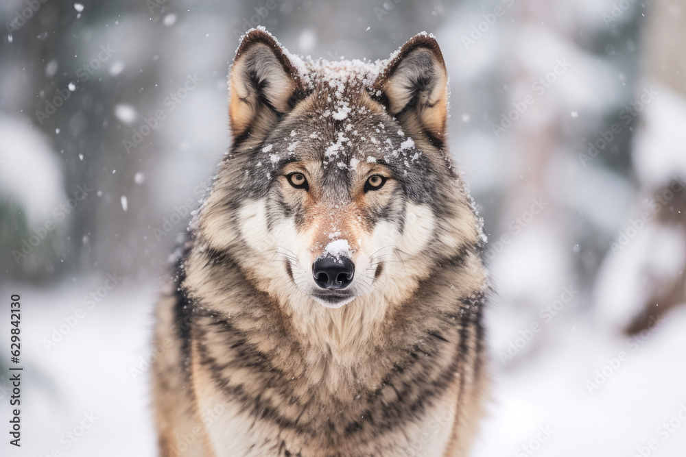 Adult wolf in winter snow. Generative AI.