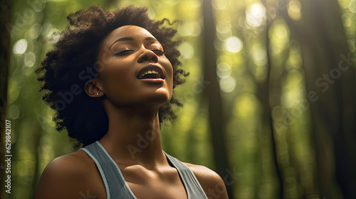 A black woman breaths fresh air on the forest. black people. Generative AI.