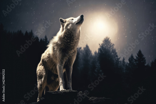 adult wolf howling in the night. Generative AI.