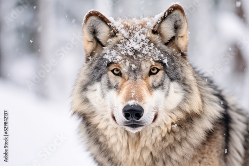 Adult wolf in winter snow. Generative AI.