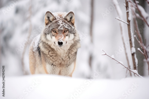 Adult wolf in winter snow. Generative AI.