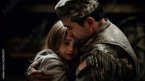 Affectionate military reunion between father and daughter, Father hugging child. Generative AI.