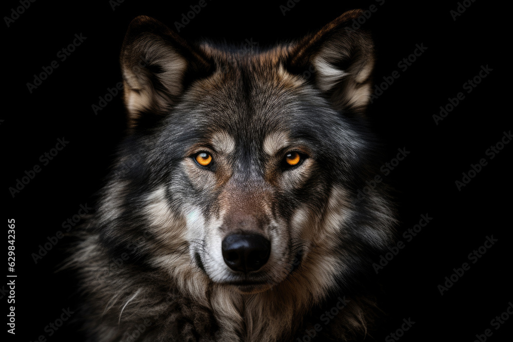 Obraz premium Adult wolf on black background. Generative AI.