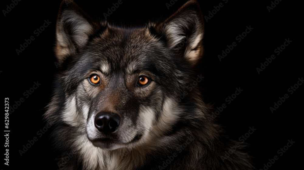 Adult wolf on black background. Generative AI. Adult wolf on black background. Generative AI.