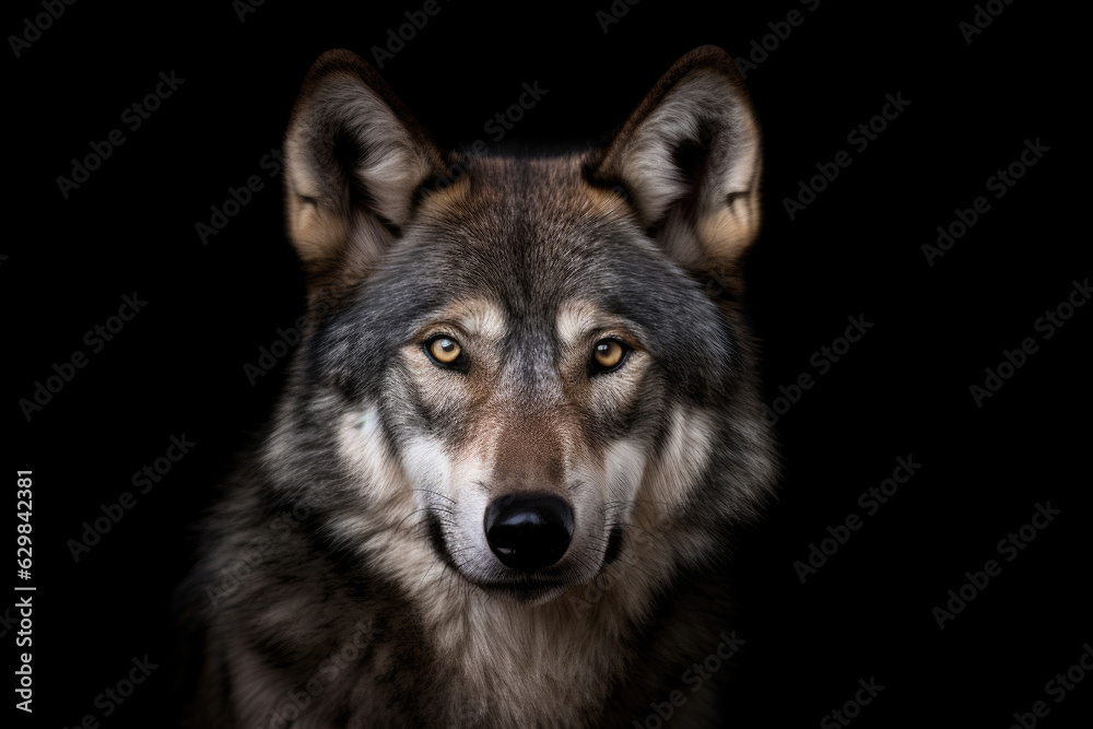 Adult wolf on black background. Generative AI.