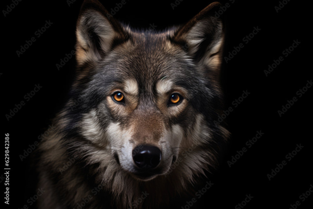 Adult wolf on black background. Generative AI.
