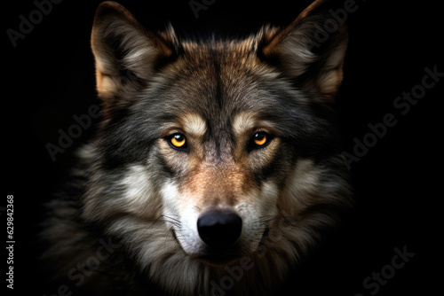 Adult wolf on black background. Generative AI.