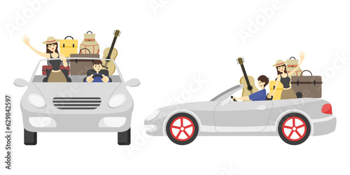 set of couple going on road trip with white silver cabriolet car with many luggage bag, travel with lover in holidays summer trip, front and side view of cabriolet car flat color illustration vector.