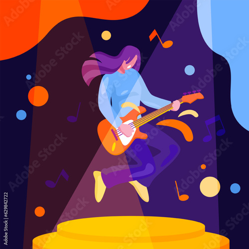 Young woman jumping and playing electric guitar on stage. Concept of creating music, hobby. Musicians playing on different instruments. Flat vector illustration in cartoon style