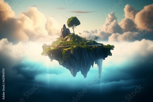 Generative AI illustration of fantasy landscape with floating island in the sky, Generative AI