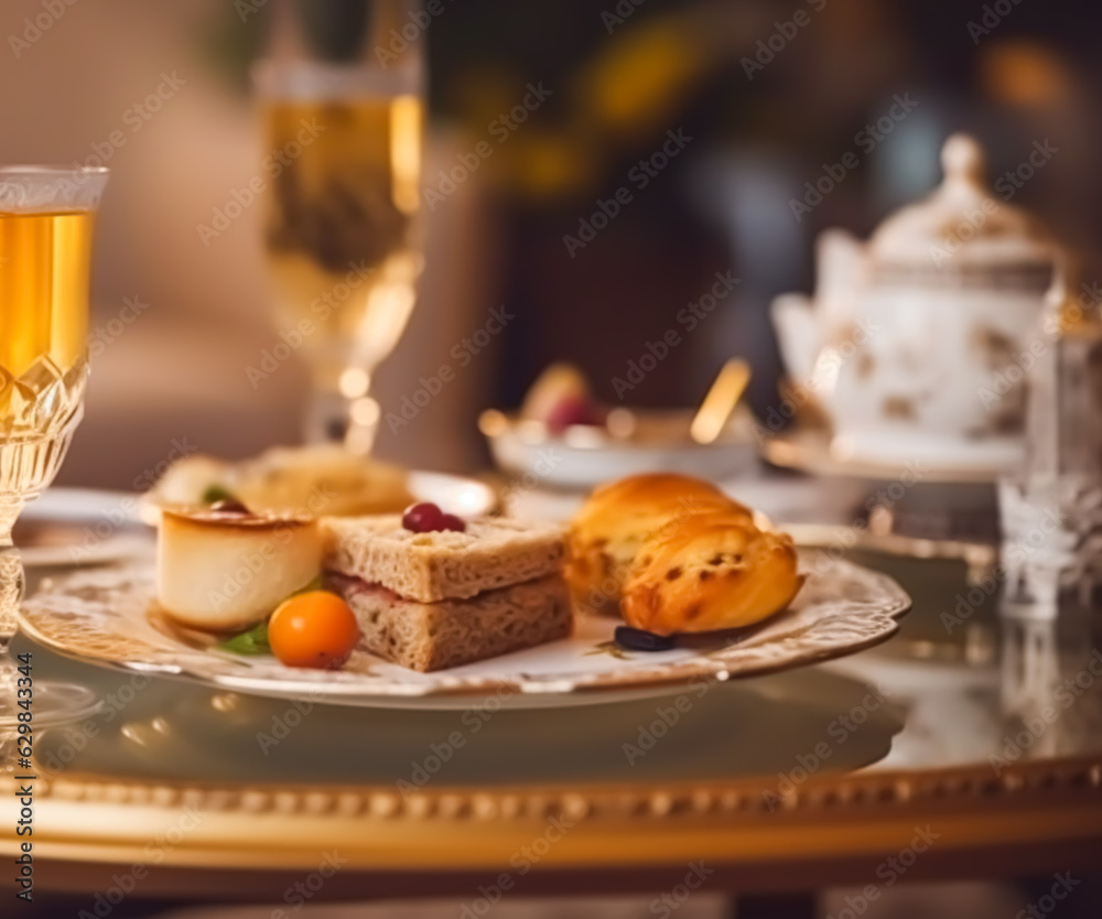 Luxury food service, appetisers and desserts served at a restaurant or formal dinner event in classic English style in the luxurious hotel or country estate, generative ai