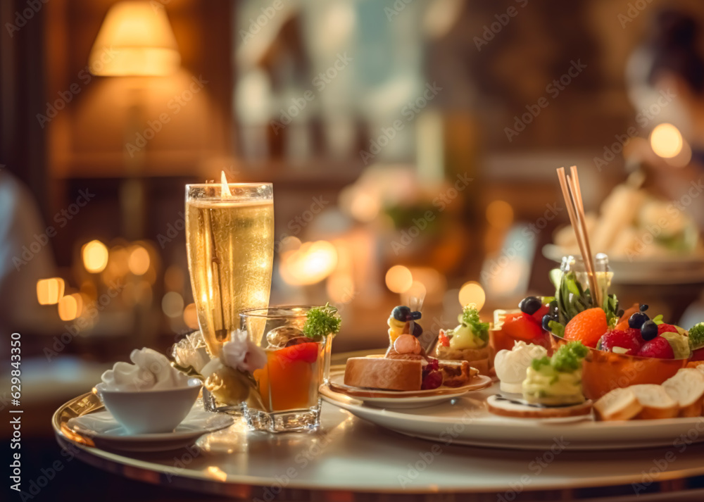 Luxury food service, appetisers and desserts served at a restaurant or formal dinner event in classic English style in the luxurious hotel or country estate, generative ai