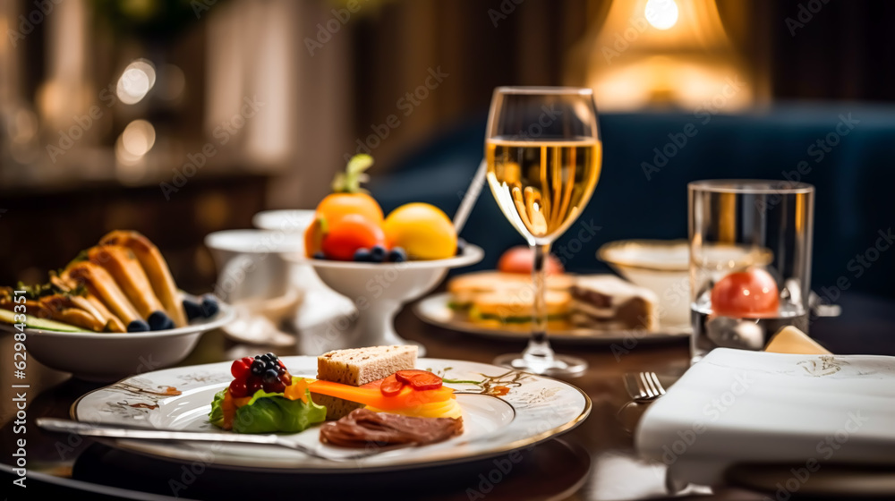 Luxury food service, appetisers and desserts served at a restaurant or formal dinner event in classic English style in the luxurious hotel or country estate, generative ai