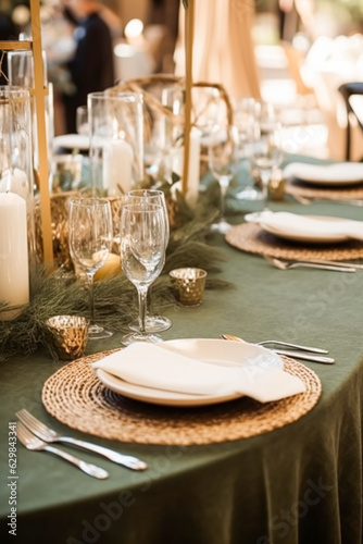 Sage green holiday tablescape, formal dinner table setting, table scape with decoration for wedding party and event celebration, generative ai
