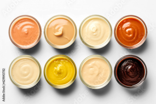 Different sauces set collection in bowls top view isolated